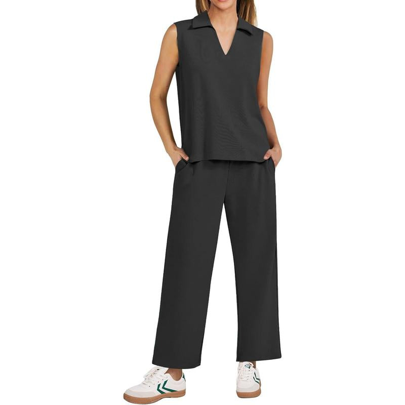 PINSPARK Two Piece Sets for Women Sleeveless Outfits Travel Tracksuit V Neck Top Wide Leg Pant Lounge Sets 2025 Summer Sweatsuits Women Springtok