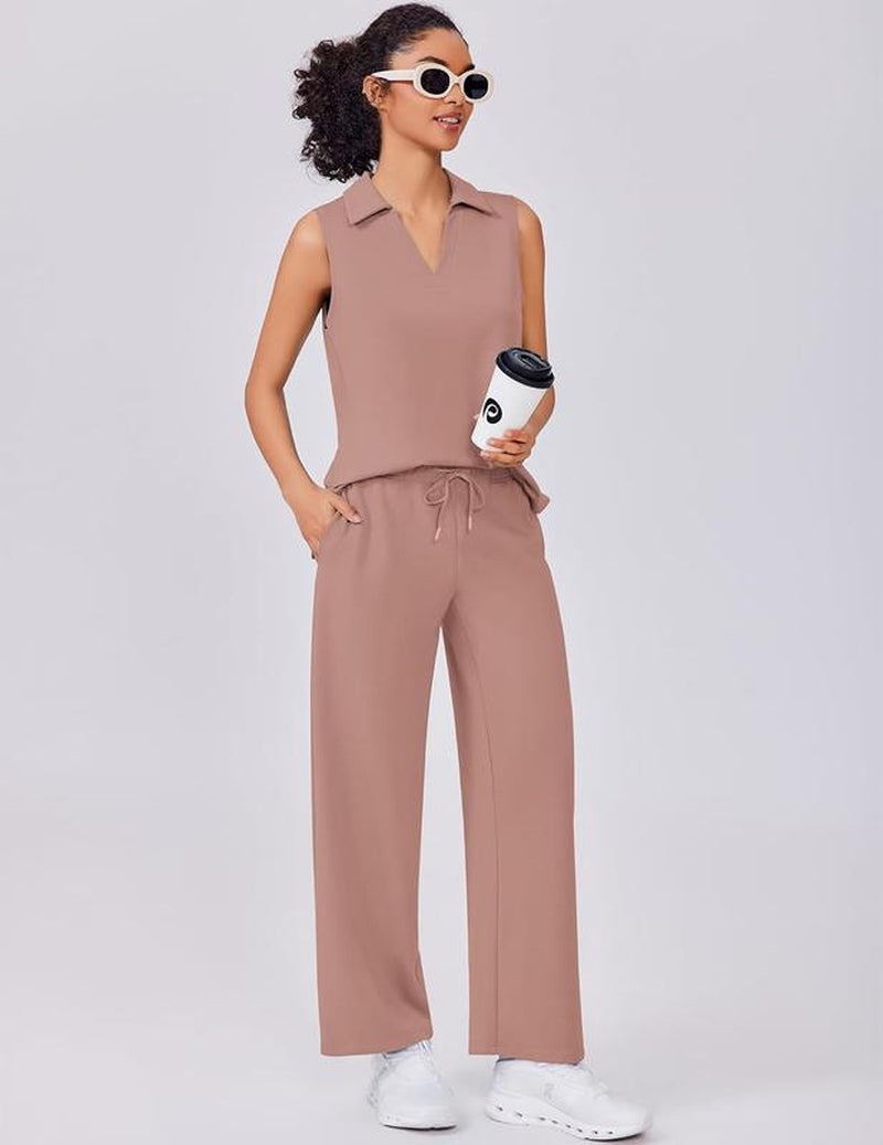 PINSPARK Two Piece Sets for Women Sleeveless Outfits Travel Tracksuit V Neck Top Wide Leg Pant Lounge Sets 2025 Summer Sweatsuits Women Springtok