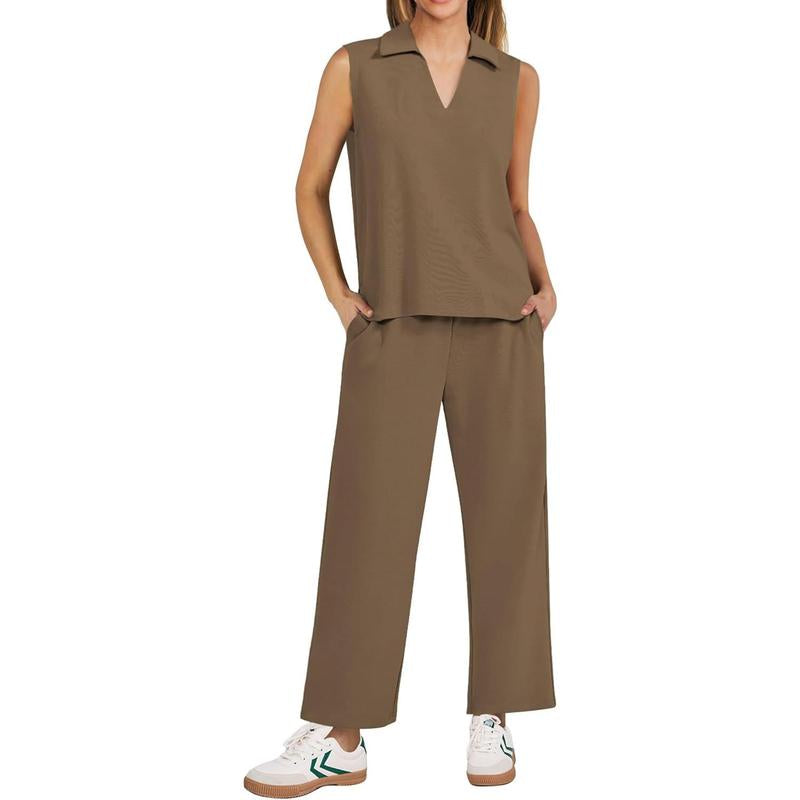 PINSPARK Two Piece Sets for Women Sleeveless Outfits Travel Tracksuit V Neck Top Wide Leg Pant Lounge Sets 2025 Summer Sweatsuits Women Springtok