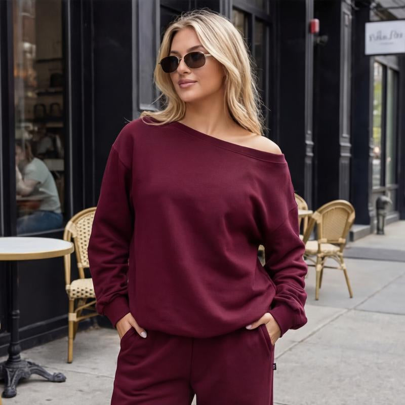 Women'S Leisure Solid Color off Shoulder Long Sleeve Top & Comfortable Wide Leg Trousers Basic Womenswear