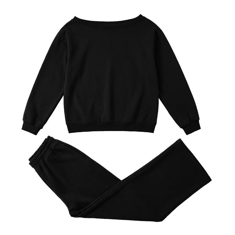 Women'S Leisure Solid Color off Shoulder Long Sleeve Top & Comfortable Wide Leg Trousers Basic Womenswear