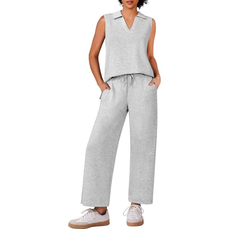 PINSPARK Two Piece Sets for Women Sleeveless Outfits Travel Tracksuit V Neck Top Wide Leg Pant Lounge Sets 2025 Summer Sweatsuits Women Springtok