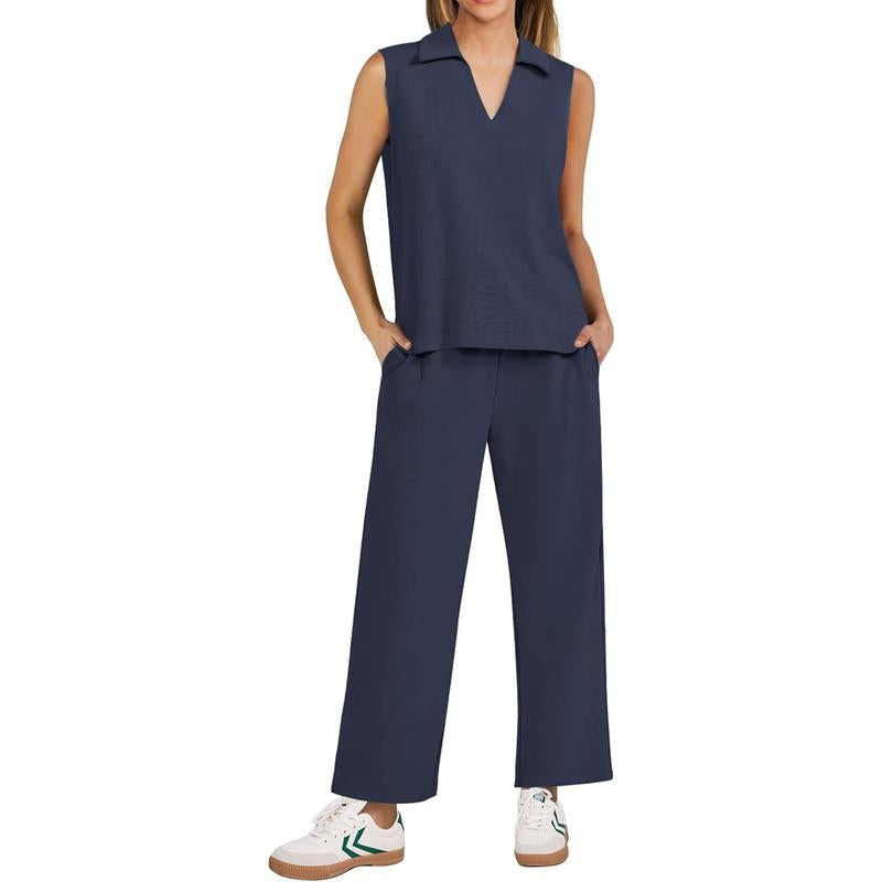 PINSPARK Two Piece Sets for Women Sleeveless Outfits Travel Tracksuit V Neck Top Wide Leg Pant Lounge Sets 2025 Summer Sweatsuits Women Springtok