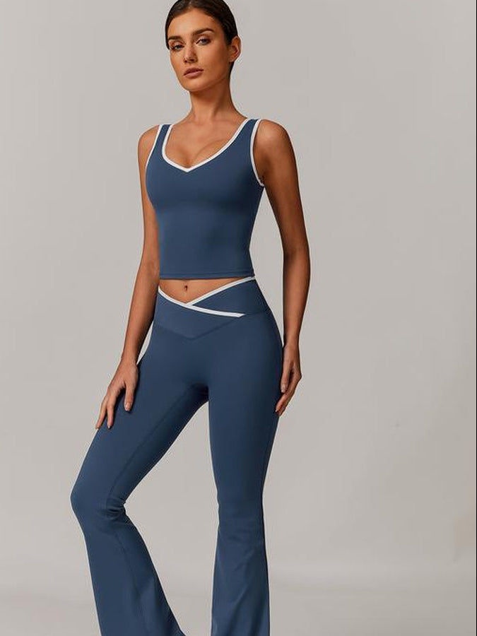Women'S Crop Tank Top & Flare Leg Pants Tracksuit Set, Scoop Neck Sleeveless Top & Bell Bottom Trousers, Ladies Sportswear for Indoor Outdoor Wear, Workout Clothes, Gym Exercise Activewear, Yoga Tracksuit Set, Breathable Activewear, Tracksuit Outfit
