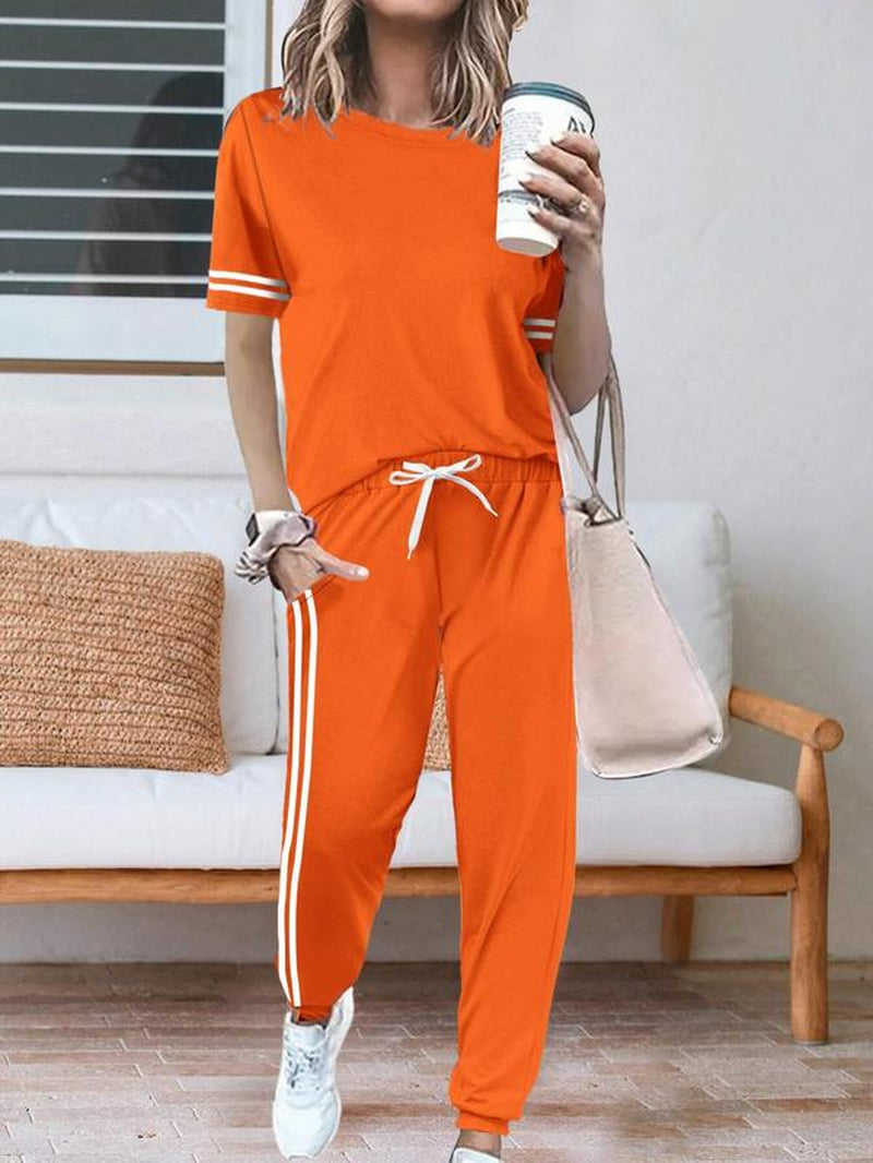 Women'S round Neck Tee & Striped Side Pants Two-Piece Set, Casual Fashion Cozy Fitted Tee & Trousers for Daily Outdoor Wear, Ladies Clothes for Spring & Fall, Going Out 2 Piece Set, Outfit Sets Women, Loungewear, Womenswear