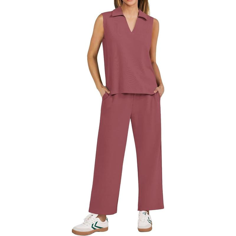 PINSPARK Two Piece Sets for Women Sleeveless Outfits Travel Tracksuit V Neck Top Wide Leg Pant Lounge Sets 2025 Summer Sweatsuits Women Springtok