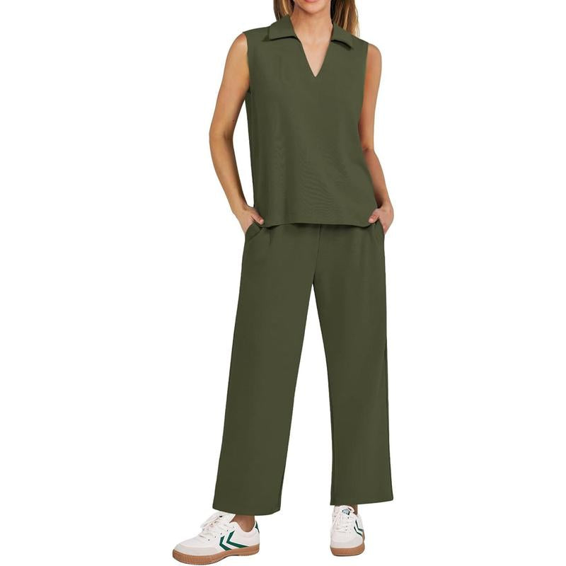 PINSPARK Two Piece Sets for Women Sleeveless Outfits Travel Tracksuit V Neck Top Wide Leg Pant Lounge Sets 2025 Summer Sweatsuits Women Springtok