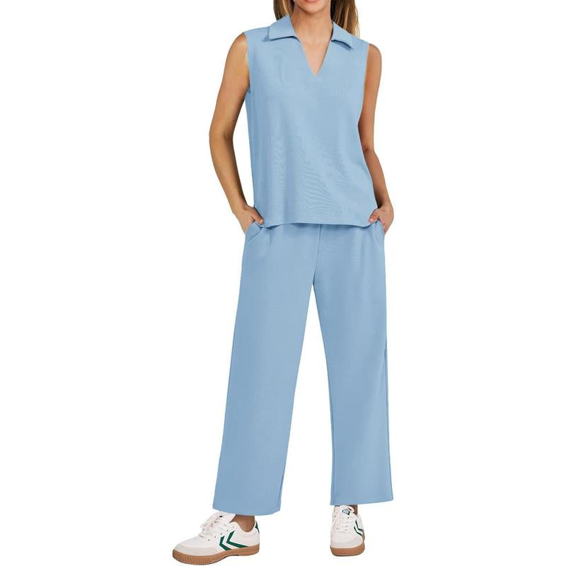 PINSPARK Two Piece Sets for Women Sleeveless Outfits Travel Tracksuit V Neck Top Wide Leg Pant Lounge Sets 2025 Summer Sweatsuits Women Springtok