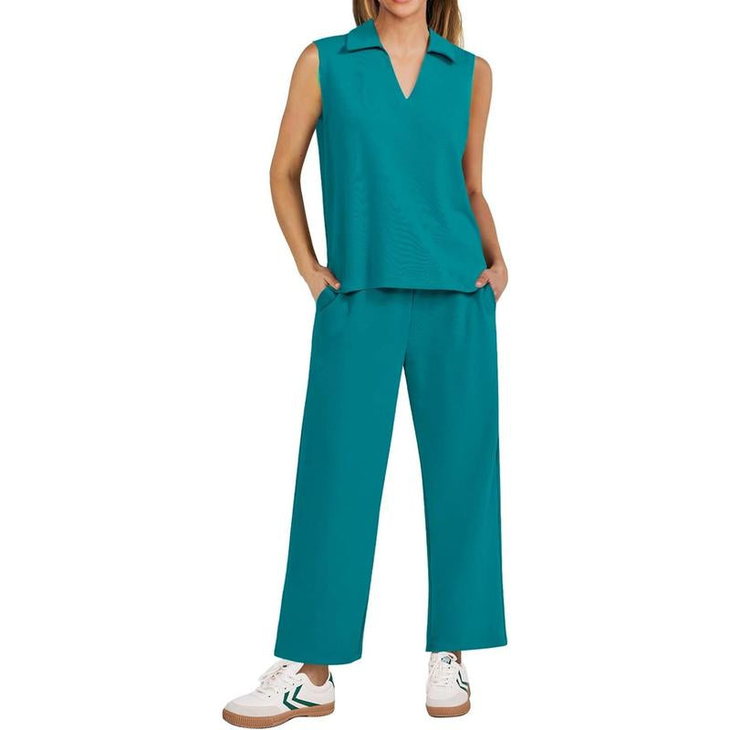 PINSPARK Two Piece Sets for Women Sleeveless Outfits Travel Tracksuit V Neck Top Wide Leg Pant Lounge Sets 2025 Summer Sweatsuits Women Springtok