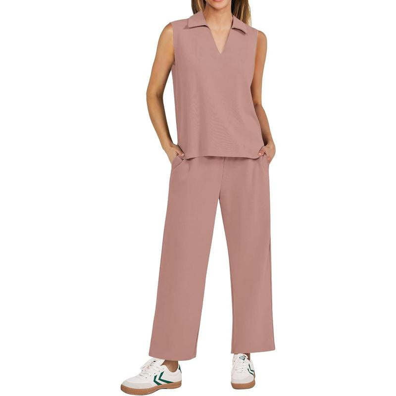 PINSPARK Two Piece Sets for Women Sleeveless Outfits Travel Tracksuit V Neck Top Wide Leg Pant Lounge Sets 2025 Summer Sweatsuits Women Springtok