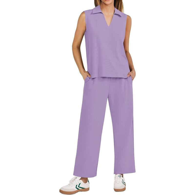 PINSPARK Two Piece Sets for Women Sleeveless Outfits Travel Tracksuit V Neck Top Wide Leg Pant Lounge Sets 2025 Summer Sweatsuits Women Springtok