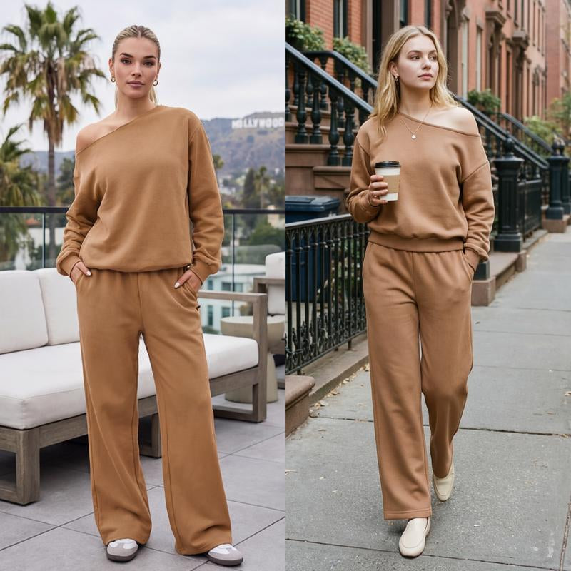 Women'S Leisure Solid Color off Shoulder Long Sleeve Top & Comfortable Wide Leg Trousers Basic Womenswear