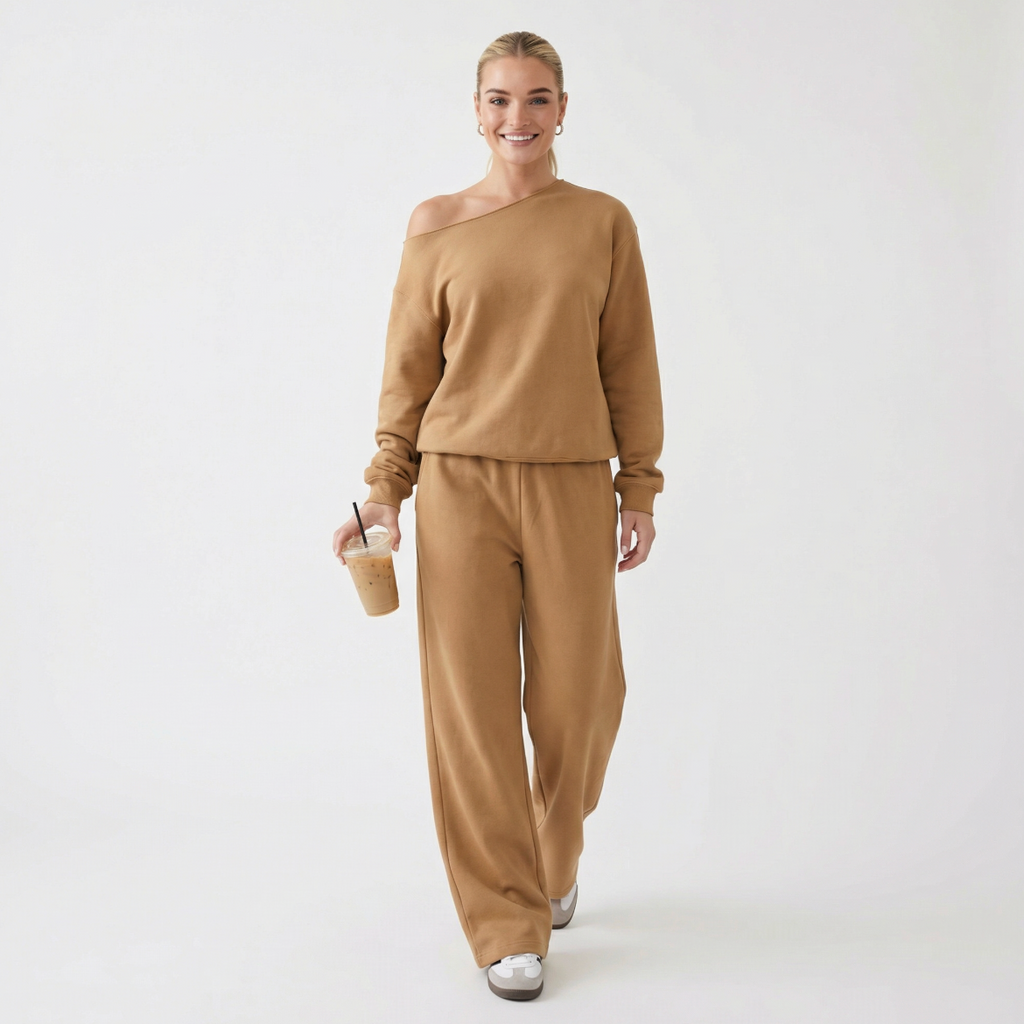 Off-Shoulder Long Sleeve Top & Wide Leg Trousers - $99