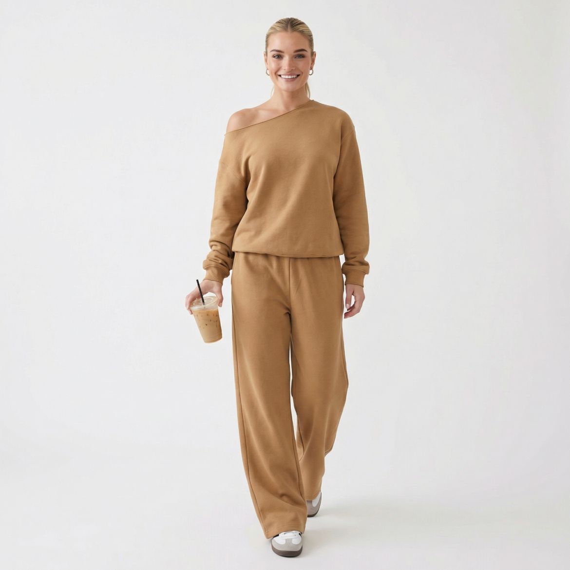 Off-Shoulder Long Sleeve Top & Wide Leg Trousers - $99