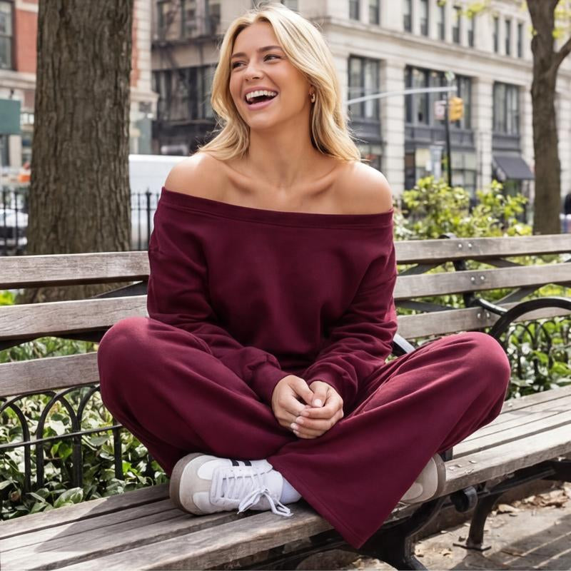 Women'S Leisure Solid Color off Shoulder Long Sleeve Top & Comfortable Wide Leg Trousers Basic Womenswear