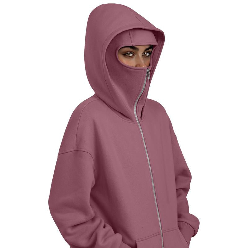 Trendy Queen Women'S Stylish Balaclava Hoodie with Full-Face Mask - Casual Zip-Up Sweatshirt, Graphic Design, Perfect for Outdoor Activities| Fashionforward Hoodie | Durable Fabric Hoodie Tops Womenswear