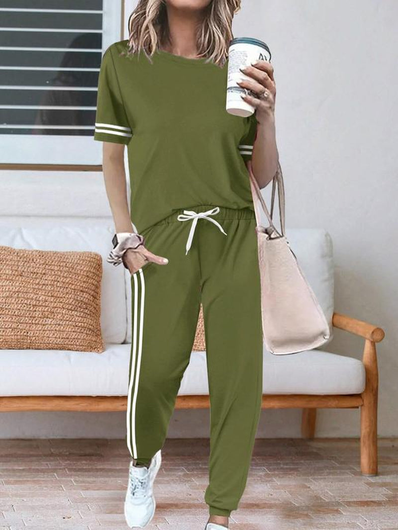 Women'S round Neck Tee & Striped Side Pants Two-Piece Set, Casual Fashion Cozy Fitted Tee & Trousers for Daily Outdoor Wear, Ladies Clothes for Spring & Fall, Going Out 2 Piece Set, Outfit Sets Women, Loungewear, Womenswear