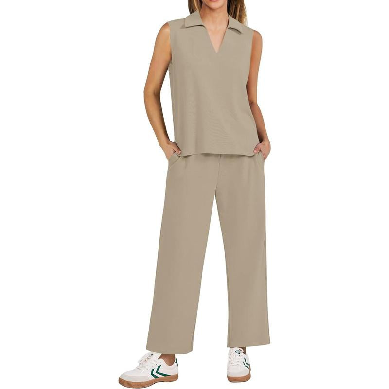 PINSPARK Two Piece Sets for Women Sleeveless Outfits Travel Tracksuit V Neck Top Wide Leg Pant Lounge Sets 2025 Summer Sweatsuits Women Springtok