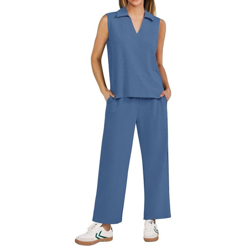 PINSPARK Two Piece Sets for Women Sleeveless Outfits Travel Tracksuit V Neck Top Wide Leg Pant Lounge Sets 2025 Summer Sweatsuits Women Springtok